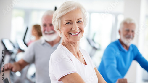 old woman ,grandmother, in a gym or both he nursing or sick leave on a bicycle machine or treadmill or athletic equipment for fitness and increasing physical fitness and health