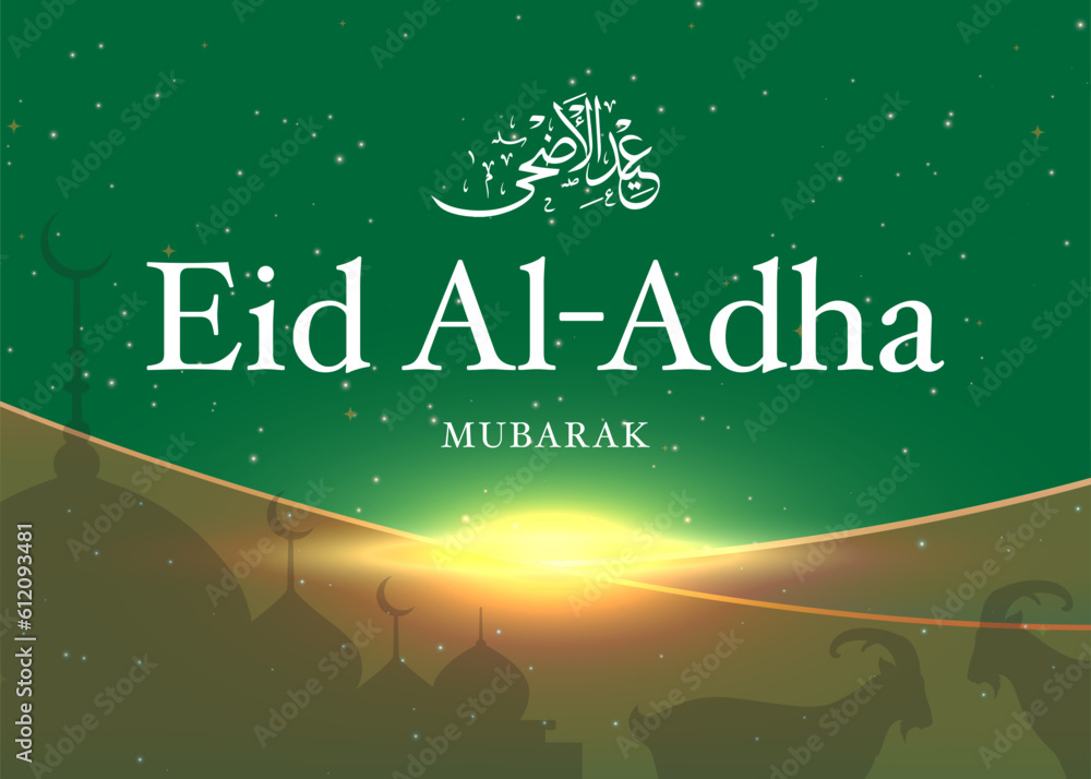 Fototapeta premium Happy Eid Al Adha Mubarak celebration banner with stars galaxy and goat on blue night color background. Eid Al Adha Mubarak Muslim celebration day