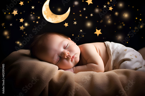 Fototapeta The baby is sleeping, cozy sleep under the stars and the moon, Generative AI 5