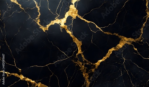 Abstract black marble background with golden veins, japanese kintsugi technique, fake painted artificial marbled stone texture