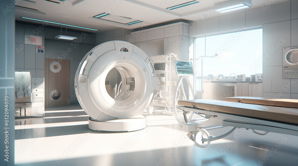 magnetic resonance in modern hospital, hospital interior, stretcher and medical device