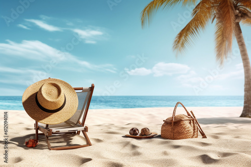 Tropical beach background with sunbathing accessories on a sunny summer day. Vacation planning. High quality photo Generative AI