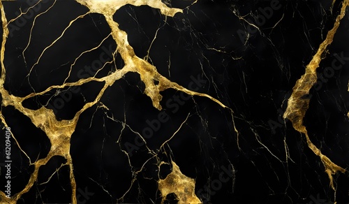 Abstract black marble background with golden veins, japanese kintsugi technique, fake painted artificial marbled stone texture photo