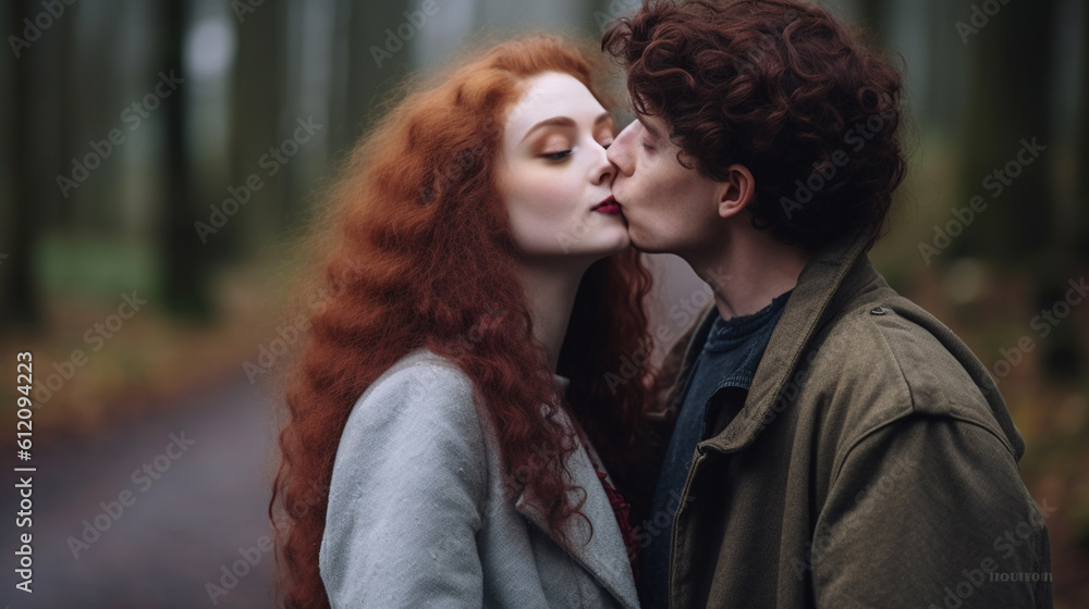 a young adult woman and man or teenager boy and girl, young people kiss, outdoors in nature in the forest or the edge of the forest, a kiss, to be in love, in love, youthful love a young adult woman and man or teenager boy and girl, young people kiss, outdoors in nature in the forest or the edge of the forest, a kiss, to be in love, in love, youthful love