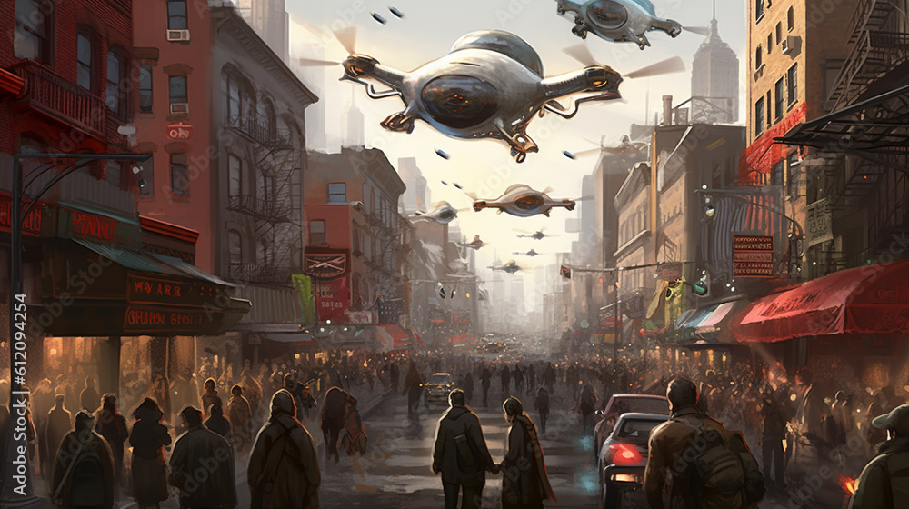 abstract, background of a city, population and flying drones or vehicles, future society, fictional