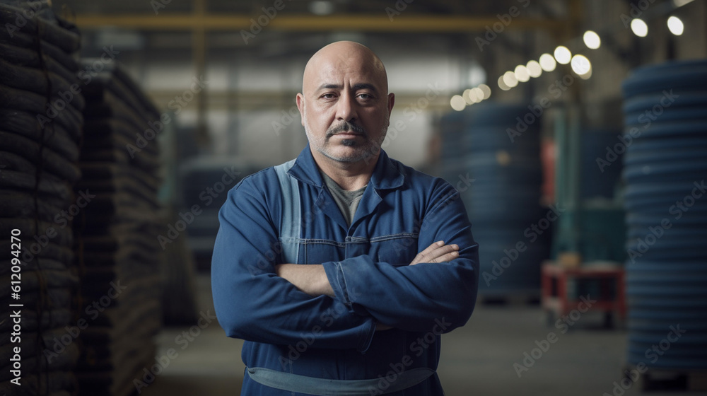 mature adult man with work clothes, in a production or industry, fictional location
