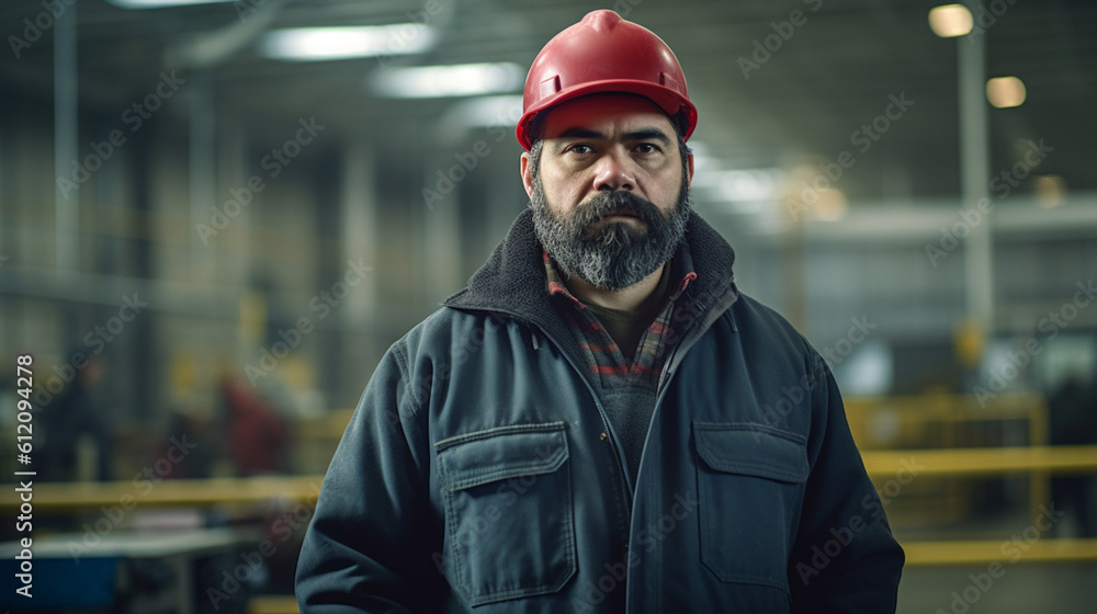 Obraz premium mature adult man with helmet and work clothes, in a production or industry, fictional location