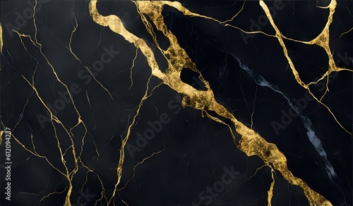 Abstract black marble background with golden veins, japanese kintsugi technique, fake painted artificial marbled stone texture. AI Generative