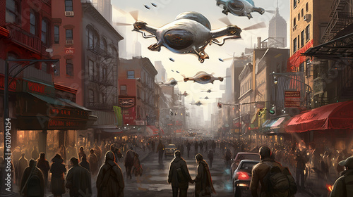abstract, background of a city, population and flying drones or vehicles, future society, fictional