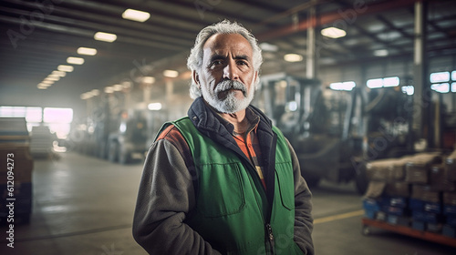 mature adult man with work clothes, in a production or industry, fictional location