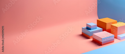 Abstract minimal concept. Pastel multi colour background with podium, abstract geometric cube box landscape. Mock up template for product presentation. 3D rendering. copy text space
