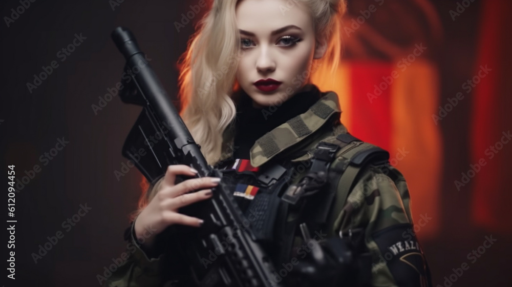 young adult woman is a soldier with a gun, wearing a uniform, fictional army affiliation young adult woman is a soldier with a gun, wearing a uniform, fictional army affiliation