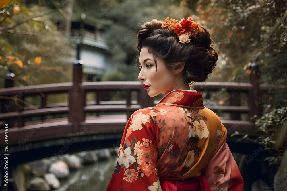 Fototapeta premium A Japanese geisha in a traditional costume walks in the park, Generative AI 3
