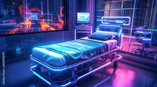 modern or futuristic hospital room indoor, hospital bed