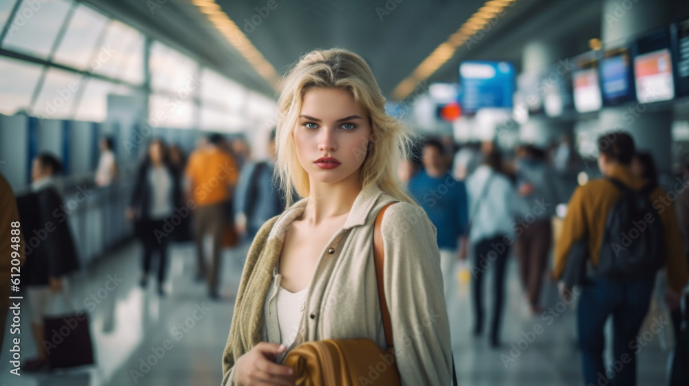 a young adult woman at the airport or train station, crowd, flight delay or missed flight or canceled flight, strike or other reason, annoyed and impatient, travel on vacation a young adult woman at the airport or train station, crowd, flight delay or missed flight or canceled flight, strike or other reason, annoyed and impatient, travel on vacation