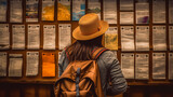 young adult woman or teenager with backpack and sun hat, long brunette brown hair, looks at advertisements on a board, fictitious, jobs or excursion destinations or tour providers