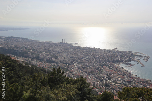 View from the village of Harissa to neighboring coastal cities in Lebanon #612094878