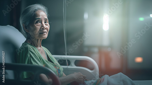 elderly woman, old woman lying in bed, sad humble mood, alone and lonely or sick and sickly, bedridden photo