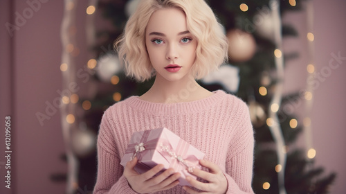 young adult woman with a small christmas present in her hand, holding a present, festive christmassy at christmas
