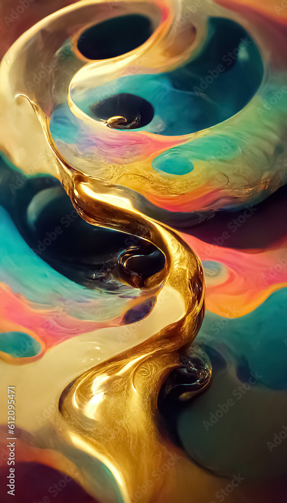 Multicolor neon gold abstract dynami fluid liquid swirls shape background. Trendy psychedelic design. Generative AI