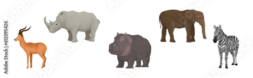 African Animal with Rhino, Gazelle, Hippo, Zebra and Elephant Vector Set