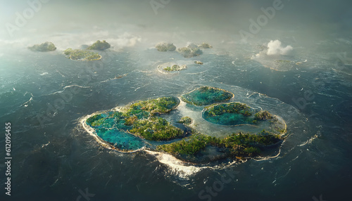 Aerial view of small exotic atoll islands in the open ocean sea. Beautiful nature landscape. Generative AI photo