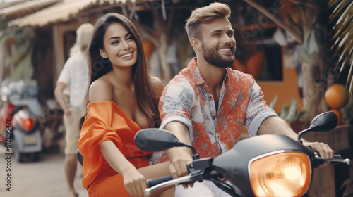 young adult woman and man, couple or friends, with a motor scooter, fictional location