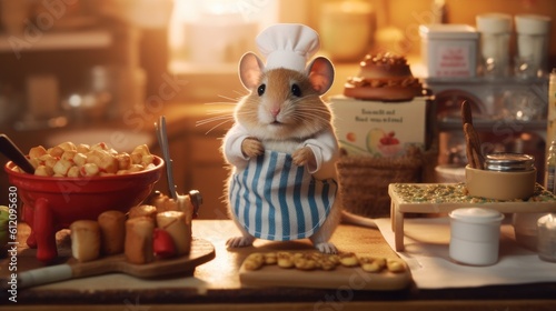 A charming hamster dressed as a chef, wearing a chef's hat and apron, preparing a gourmet meal in a miniature kitchen with tiny utensils. Generative AI. 