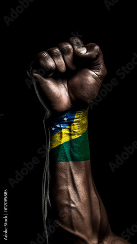 Photograph showcases a raised black fist in solidarity, accompanied by the vibrant colors of the Brazilian flag , Generative AI