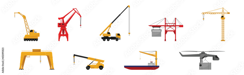 Different Crane as Construction Machine with Hoist Rope for Lifting Heavy Object Vector Set