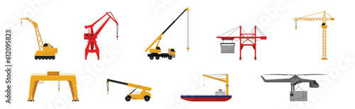 Different Crane as Construction Machine with Hoist Rope for Lifting Heavy Object Vector Set