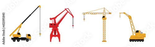 Different Crane as Construction Machine with Hoist Rope for Lifting Heavy Object Vector Set