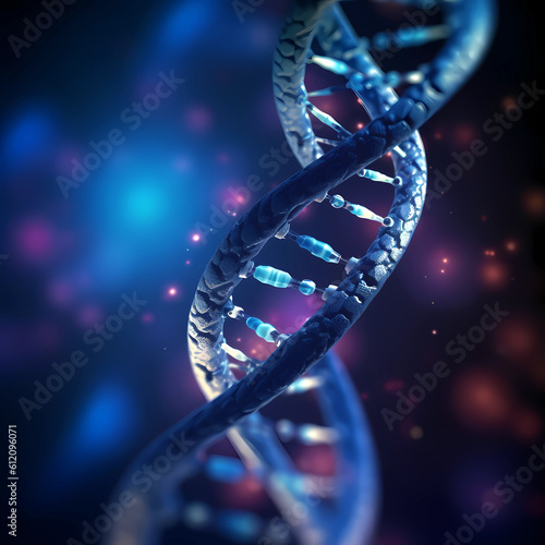 Illustration of the molecular structure of human cell biology DNA strands. On a blue background. illustration  Generative AI © Nizoli
