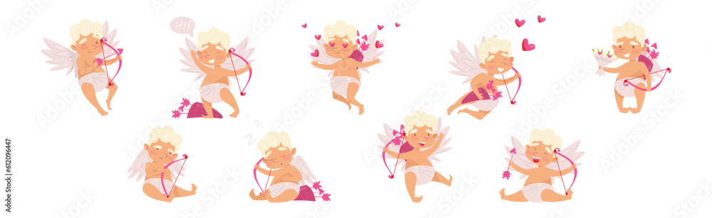 Cupid Boy Angel with Bow and Arrow Vector Set Cupid Boy Angel with Bow and Arrow Vector Set