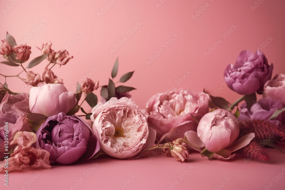 Roses on pink background with copy space. Abstract natural floral frame layout with text space. Romantic feminine composition. Wedding invitation. International Women's Day, Mother's Day concept Roses on pink background with copy space. Abstract natural floral frame layout with text space. Romantic feminine composition. Wedding invitation. International Women's Day, Mother's Day concept