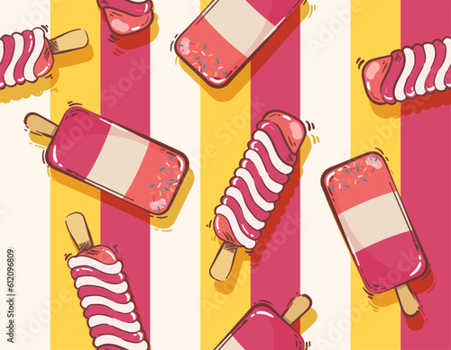 Cute ice cream , Popsicle with  Colourful Summer Striped Seamless pattern vector ,Design