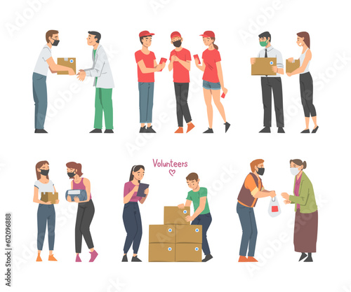 Man and Woman Volunteers Doing Different Charity Activity Donating Food Vector Set
