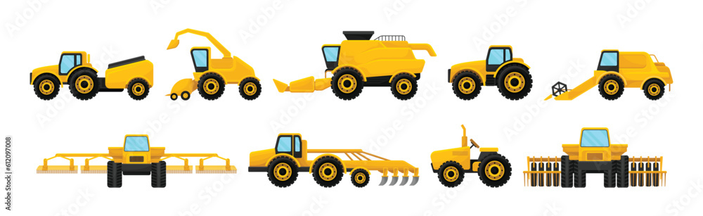 Different Agriculture Machinery and Industrial Farm Equipment Vector Set Different Agriculture Machinery and Industrial Farm Equipment Vector Set