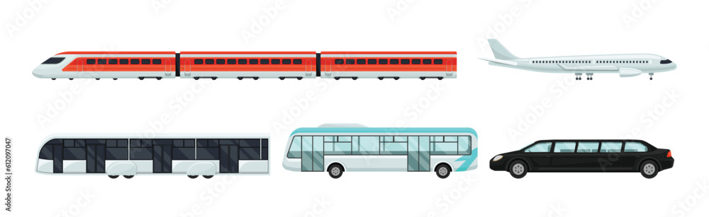 Airport Transport with Plane, Train, Bus and Car Tranfer Vector Set ...