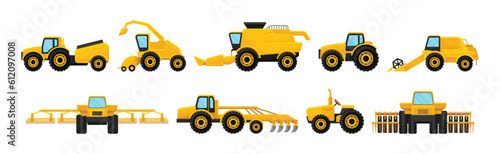 Different Agriculture Machinery and Industrial Farm Equipment Vector Set