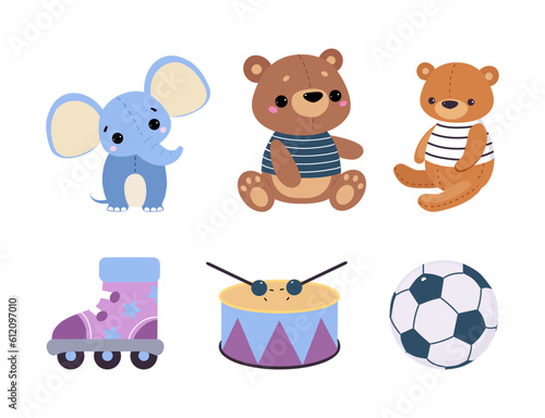Colorful Kids Toy with Elephant, Teddy Bear, Roller Skate, Drum and Ball Vector Illustration Set