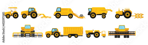 Different Agriculture Machinery and Industrial Farm Equipment Vector Set
