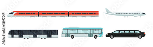 Airport Transport with Plane, Train, Bus and Car Tranfer Vector Set