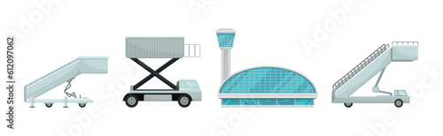 Airport Transport with Ladder Car and Glass Building Vector Set