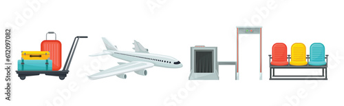 Airport with Plane Transport, Seat Row, Trolley with Luggage and Metal Detector Vector Set