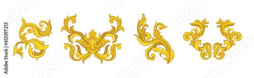 Golden Monograms and Baroque Swirl Element with Floral Ornament Vector Set