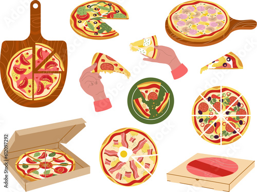 Pizza slice set, fast food and delivery pizza service. Italian cuisine, tasty fresh lunch or dinner. Take away cafe, people eating decent vector clipart