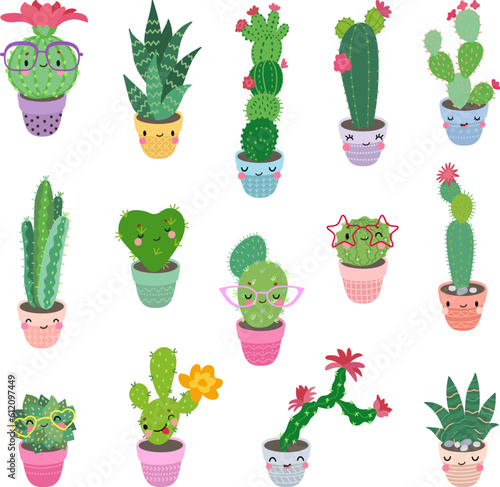 Cactus characters, cute funny cacti plant in decorative pots. Children friends, cartoon flowerpot kawaii face. Nowaday succulents vector set