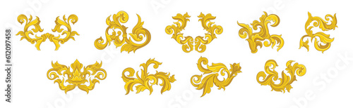 Golden Monograms and Baroque Swirl Element with Floral Ornament Vector Set