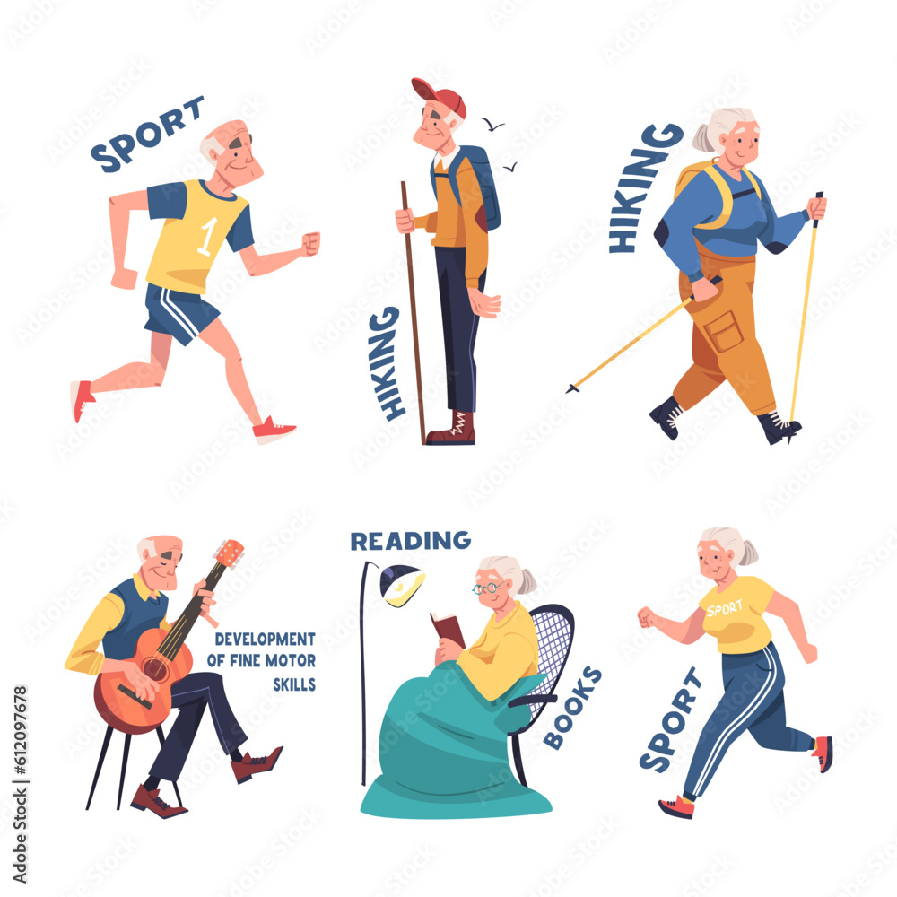 Alzheimer Prevention with Elderly Man and Woman Doing Different Activity Vector Illustration Set Alzheimer Prevention with Elderly Man and Woman Doing Different Activity Vector Illustration Set